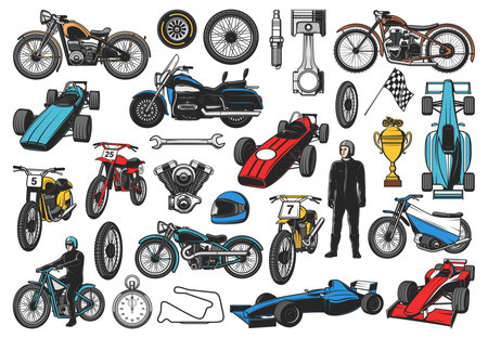 Racing sport bikes, bolides and racer cars, speedway motorcycle and motocross vector icons. Sport races vehicles and parts, engine valve piston, racer helmet with stat or finish flag and victory cupのイラスト素材
