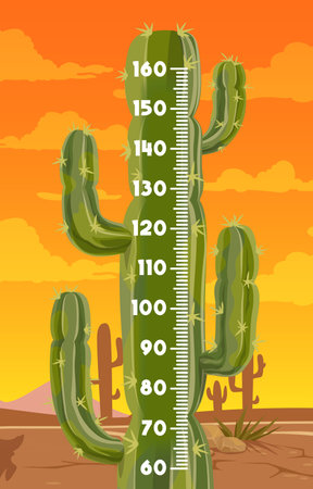 Cactus in mexican desert kids height chart. Measure meter ruler vector wall sticker with stadiometer scale in shape of cartoon green saguaro succulent plant on background of desert nature landscapeのイラスト素材