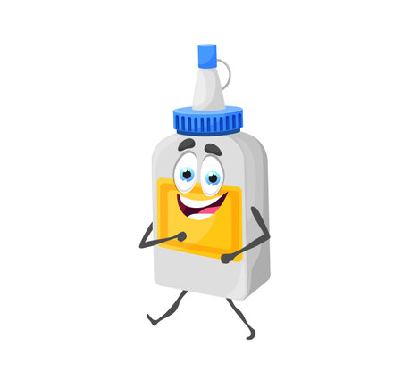 Cartoon funny bottle glue character. Isolated vector school or office stationery character with smiling face. Cute plastic tube with adhesive liquid, cute glue bottle with big eyes and smileのイラスト素材