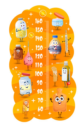 Kids height chart ruler cartoon syrup, pill and medication characters. Vector growth meter with funny drugs and medical item personages thermometer, clyster, jars and bottles with tablets wall rulerのイラスト素材