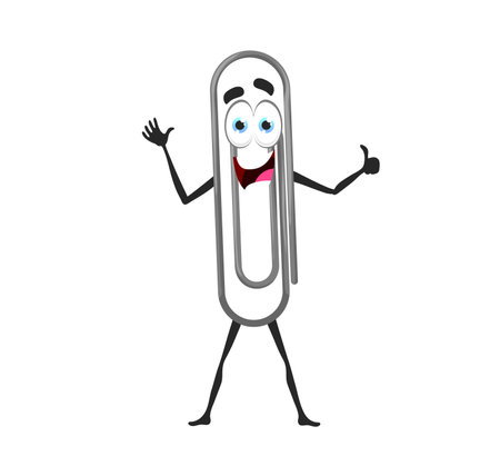 Cartoon funny paper clip character. Isolated vector paperclip character with happy face show thumb up. Joyful school or office stationery supply, metal paper holder, steel clamp design elementのイラスト素材