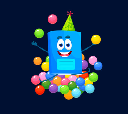 Holiday birthday celebration, cartoon notebook character. Cute vector notepad festive wear hat fun with colorful balls. School stationery for education, diary character celebrate party and laughのイラスト素材