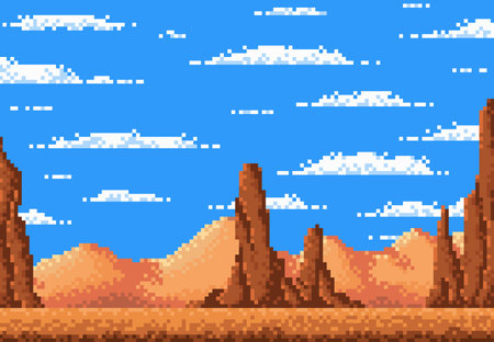 Desert landscape, 8 bit pixel game level background. Vector Arizona or Texas mountains, cracked soil and blue cloudy sky. Retro 8bit video game location, pixelated ground playing seamless platfprmのイラスト素材