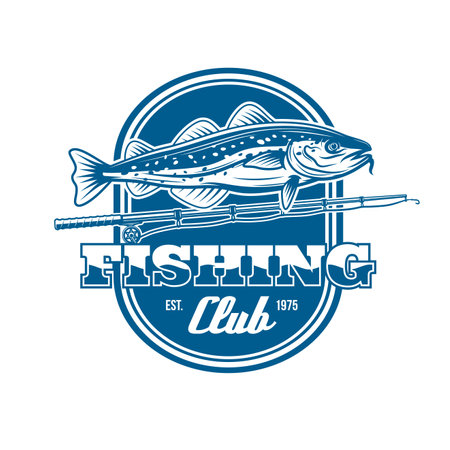 Fishing club vector icon of fish and fishing rod. Fisherman sport spinning rod with hook, bait or lure, reel and catfish or sheatfish isolated blue badge of fisherman or angler club tournament designのイラスト素材