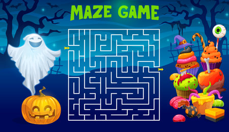 Labyrinth maze. Halloween pumpkin and ghost, sweets, cookies and cakes. Child labyrinth riddle, find way quiz vector worksheet with jelly candy, apple in chocolate, cupcake Halloween creepy dessertのイラスト素材