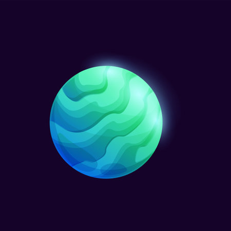 Mysterious green space planet. Vector glowing sphere with spiral atmosphere. Galaxy globe in universe gui game object, fantastic comet, meteor isolated astronomy or astrology science star in far spaceのイラスト素材