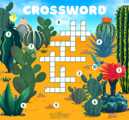 Mexican desert flora and fauna crossword grid worksheet. Find a word vector quiz game or education puzzle. Cartoon cactus flowers, chameleon, bird, agave, aloe succulent plants fill in squares riddleのイラスト素材