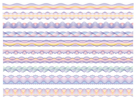 Color guilloche borders, bank money, diploma and certificate frame border pattern. Vector colorful elements, banknote security watermarks, seamless bordering for official document protectionのイラスト素材