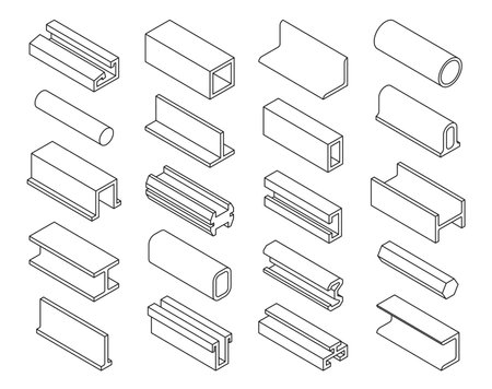 Steel products, iron profile silhouettes. Metal beam, pipe, girder, sheet and rebar, vector symbols. Construction steel bars and metal tubes, metallurgy industry beam and pipe materialsのイラスト素材