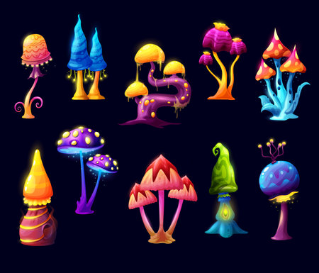 Fairy fantasy cartoon mushrooms or luminous toadstools of witch forest. Fairy ale magic mushrooms with blue neon, yellow and green caps with sparkling toxic spores and glowing light. vector game assetのイラスト素材