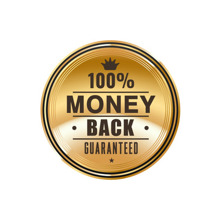 Money back guarantee golden badge and label. Shop special offer round badge or certificate seal, money return service gold vector sticker, label or symbol. Product quality guarantee golden stampのイラスト素材