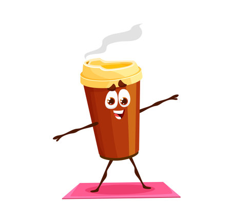 Cartoon coffee character on yoga fitness. Takeaway coffee paper cup with lid funny character, isolated happy smiling fast food hot drink vector character doing exercises or yoga on fitness matのイラスト素材