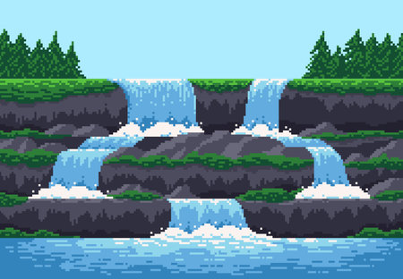 8 bit pixel game waterfall cascade landscape, vector background for video arcade game level. 8bit river water fall from mountain or sea cave cascade, ocean island with forest trees for pixel landscapeのイラスト素材