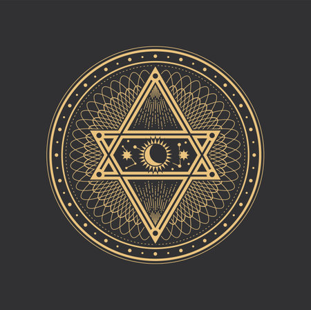 Tarot pentagram, moon, sun and star symbols, mystic magic and alchemy, vector occult sign. Esoteric circle with pyramid pentagram, sacred geometry sign of occult and magic tarotのイラスト素材