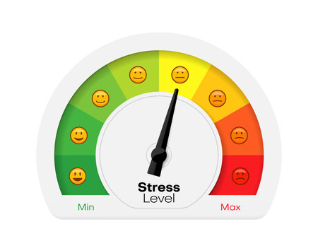 Pain and stress measurement scale, emotion health assessment meter, vector level chart. Pain scale and stress level measure rating arrow from minimum to maximum emotion anxiety grade indicatorのイラスト素材