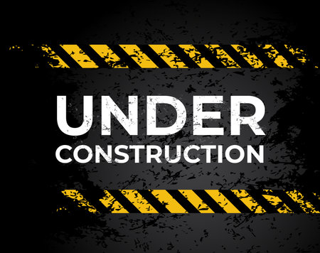 Under construction grunge warning background, vector website banner template. Web site under construction caution sign or safety danger warning background with grunge yellow tape for road repair alertのイラスト素材