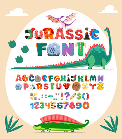 Dinosaur Jurassic font, type of typeface with cartoon dino alphabet, vector letters. Kids Jurassic dinosaurs and cute dino lizards font typeface with T-rex tyrannosaurus, pterodactyl and brontosaurusのイラスト素材