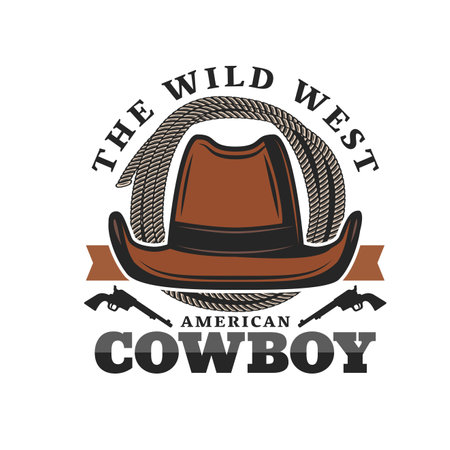 American cowboy hat icon of vector Wild West and western. Rodeo cowboy, sheriff or Texas bandit brown leather hat with guns and ranch rider lasso or rancher rope loop isolated symbolのイラスト素材