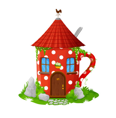 Cartoon milk jug, fairytale building or dwelling of elf gnome, vector home hut. Fairy tale house or elf hut in mug cup or pot with door and windows, kid fairy tale fantasy elves or pixies village hutのイラスト素材