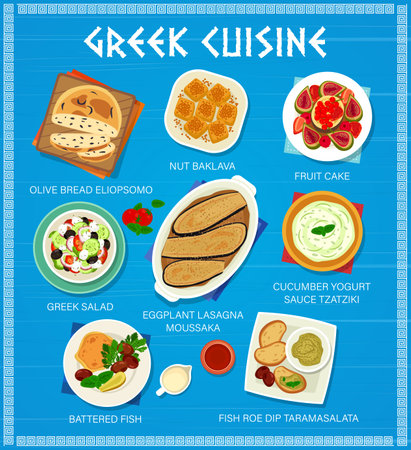 Greek cuisine menu page template. Nut Baklava, fruit cake and olive bread Eliopsomo, Greek salad, cucumber yogurt sauce Tzatziki and eggplant lasagna Moussaka, battered fish, fish roe dip Taramasalataのイラスト素材