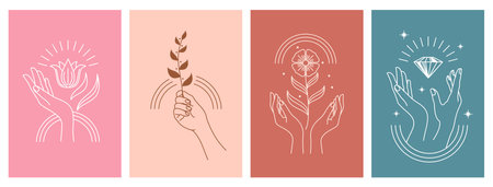 Cosmetic and SPA icons with woman hands, sun, flower, gem and moon in vector boho line. Diamond jewelry, flower blossom and plant branch symbols for cosmetic design, moisturizer cream or SPA skincareのイラスト素材