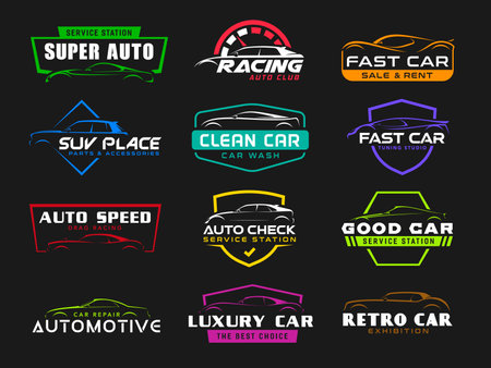 Car repair, washing, rent and sale service icons, vehicle mechanic station vector emblems. Car tuning and automotive restoration garage, racing club badge, retro cars exhibition and motor mechanicのイラスト素材