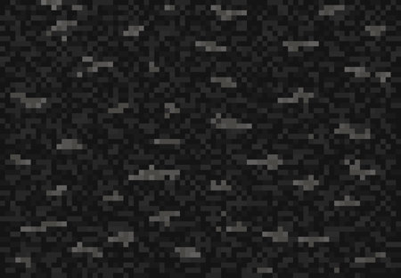 Cubic black coal blocks pixel cubic background pattern. Retro video game environment pixelated backdrop with ground or soil, coal in mine. Vintage eight bit console arcade asset pixel vector textureのイラスト素材