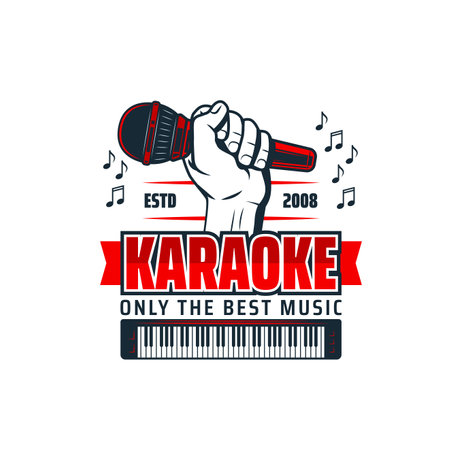 Karaoke music vector icon of microphone in hand, piano keyboard and musical note isolated symbols. Night club karaoke party, singer competition and entertainment show iconのイラスト素材