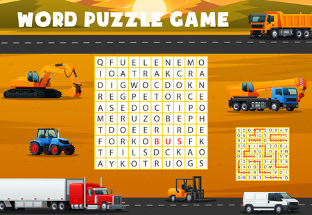 Construction machinery and industrial transport. Word search puzzle game. Kids educational playing activity, word search riddle vector worksheet with truck, excavator, tractor and crane, forklift, vanのイラスト素材