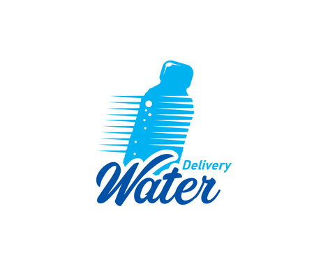 Water delivery icon. Clean mineral water distribution sign, clean drinking bottled water fast delivery service vector icon or emblem with moving fast plastic disposable bottleのイラスト素材