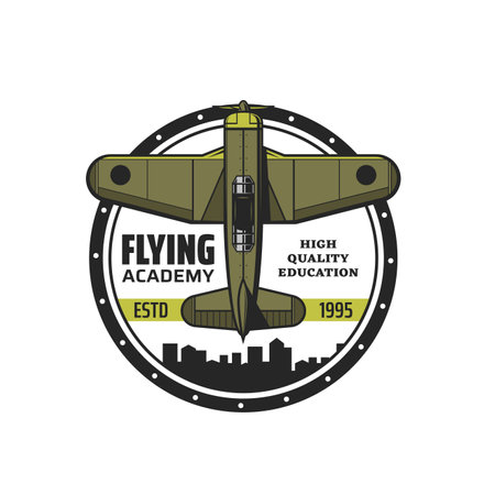 Flying academy isolated vector icon with vintage plane, airplane or propeller biplane. Education of airline pilots, flight school, training or courses round symbol with retro aircraft and city skylineのイラスト素材