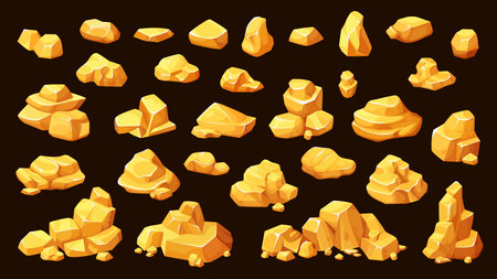 Golden ore nuggets and bullions, cartoon gold rocks and stone piles, vector game assets. Gold mine treasure, golden metal bullions or goldmine ore rocks and ingot nuggets for arcade video game UIの素材 [FY310192241156]