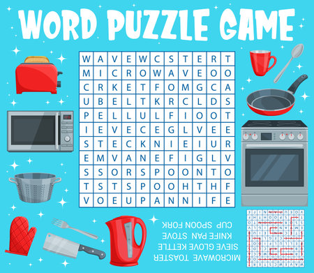 Kitchen appliance and utensil on word search puzzle game worksheet. Children quiz grid, child riddle with word search playing activity. Kids puzzle game with microwave, toaster and kettle, stove, panのイラスト素材