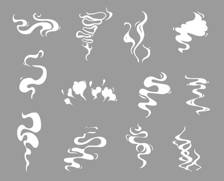 Cartoon smoke effects, food flavor, coffee and tea steam. White vector aroma or toxic clouds, vapour or dust trails. Flow mist or smoky chemical steam, isolated comic boom steamingのイラスト素材