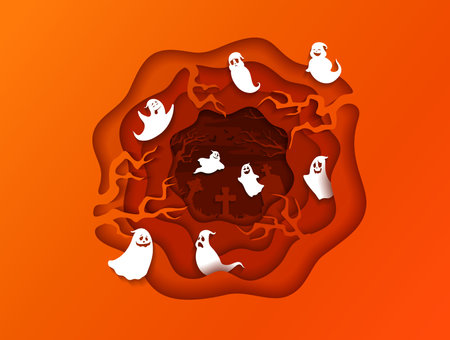 Halloween holiday paper cut with flying ghosts and cemetery. Halloween holiday papercut vector creepy background or scary backdrop, horror red wallpaper with graveyard crosses and ghosts charactersのイラスト素材