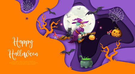 Halloween paper cut flying witch character, cartoon black cat on broomstick, pumpkins and moon, boiling in cauldron magic potion, bats and cobweb. Happy Halloween papercut vector background, bannerのイラスト素材