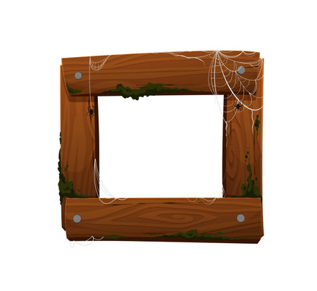 Halloween wooden frame with cobweb. Isolated wooden planks or boards hammered with nails, covered dust or dirt, spider web. Halloween holiday square frame, autumn holiday creepy backdropのイラスト素材