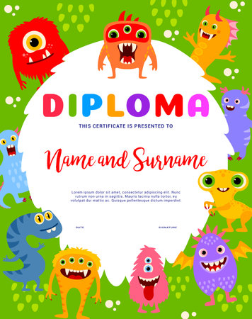 Kids diploma cartoon monster characters. Vector education or graduation border, school or kindergarten achievement certificate with cartoon toothy and hairy creatures, aliens or bacterium, award frameのイラスト素材