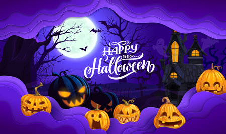 Cartoon pumpkins halloween paper cut poster. Happy Halloween vector greeting card design with 3d effect papercut frame, night cemetery with tombs, scary jack lanterns, haunted castle and spooky batsのイラスト素材