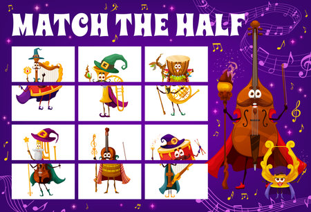 Match half of wizard and fairy musical instrument characters between music waves and sounds, vector game. Kids cartoon puzzle worksheet with wizard violoncello, warlock drum and magic violin sorcererのイラスト素材