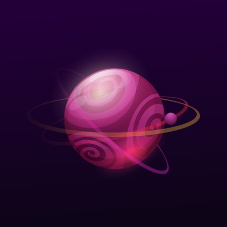 Violet space planet with circles and rings. Galaxy fantastic planet, alien home world with gas rings and moon or satellite on orbit. Space game UI element, exoplanet icon with spirals on surfaceのイラスト素材