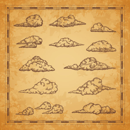 Vintage map clouds and cloudiness sketch for adventure map, vector background. Pirate treasure island and Caribbean map elements fluffy clouds sketch or marine cloudscape in retro etchingのイラスト素材