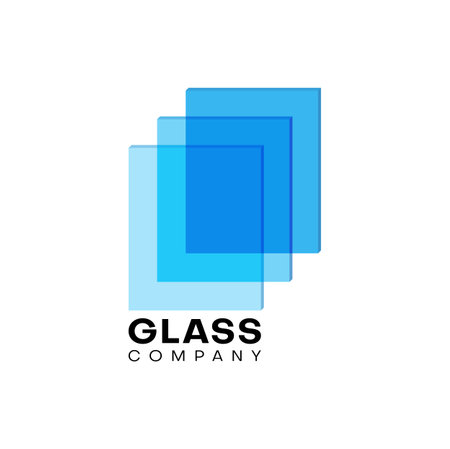 Glass icon, isolated vector emblem with blue transparent rectangular layers. Glass company branding element in trendy style. Logotype for web and ui design, mobile app and business promotionのイラスト素材