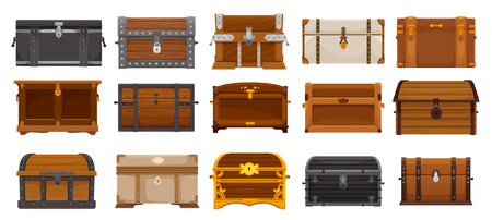 Cartoon chest boxes, wooden treasure trunks isolated set. Ancient royal or pirate coffers ui game vector asset with loot, gem stones, golden coins and treasury. Decorated cases made of wood and metalのイラスト素材