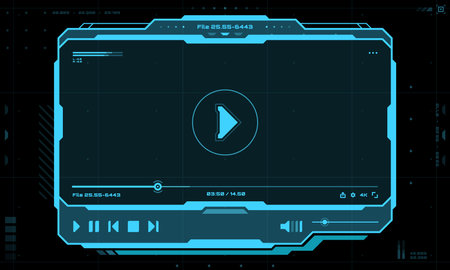 HUD video and sound player futuristic screen interface. Live audio player UI with digital navigation bar or panels. GUI futuristic vector display, SCI FI music control panel or neon blue frame buttonsのイラスト素材