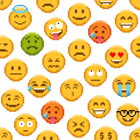 Pixel emoji seamless pattern. Vector repeated background with cartoon 8bit sad and happy faces, smile or unhappy emoji. Crying, angry, love facial expression, funny yellow face emoticon personagesのイラスト素材