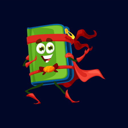 Cartoon school pencil case superhero character. Vector box for pens, rulers and educational tools. Isolated smiling super hero wear red cape and mask. Happy comic personage for the first september dayのイラスト素材