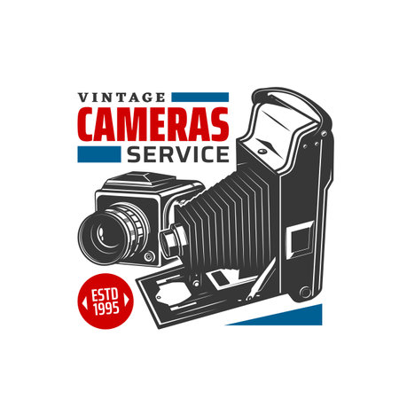 Vintage camera service icon, photography studio and photographer equipment shop vector sign. Old retro photo camera with flash or shutter and film, professional service and repair salonのイラスト素材