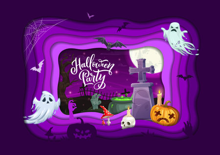 Halloween paper cut flying ghosts and tombs. Vector 3d poster with cartoon spooks, bats and jack lantern pumpkin under full moon light on night cemetery with zombie hands, cauldron, skull and amanitaのイラスト素材