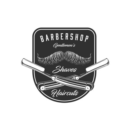Barbershop straight razor vector icon of barber shop, hair cut and beard shave salon. Hipster man mustache or gentleman moustache with crossed blades and handles of open straight razor isolated badgeのイラスト素材